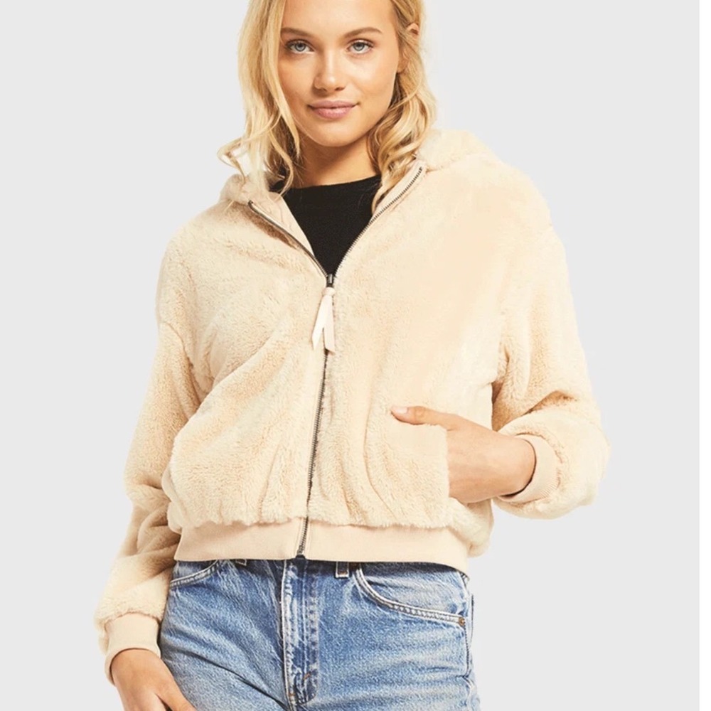 Z Supply Womens London Fur Jacket Beige Tan Hooded Zip Up ZJ203700 Medium